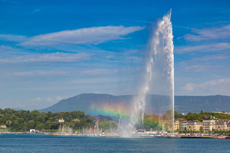 Geneva lake and Jet d'Eau fountain in Geneva in a beautiful summer day, Switzerlandの写真素材
