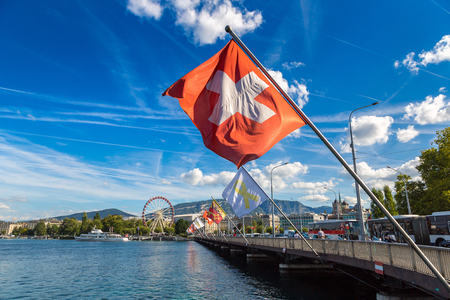 Ferris wheel in Geneva in a beautiful summer day, Switzerlandの写真素材