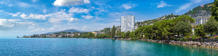 Panorama of  Montreux and Lake Geneva in a beautiful summer day, Switzerlandの写真素材