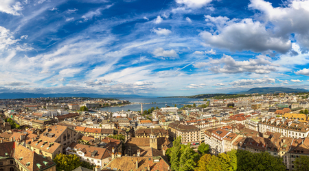 Panoramic aerial view of Geneva in a beautiful summer day, Switzerlandの写真素材