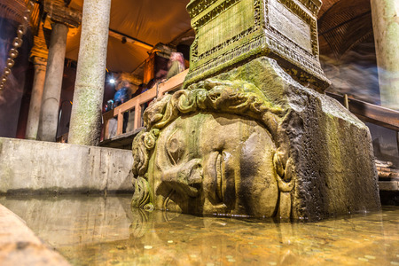 Medusa head in the Basilica Cistern in Istanbul, Turkey in a beautiful summer dayのeditorial素材