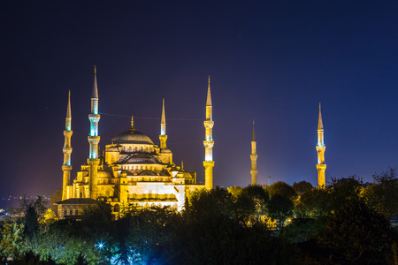 Blue mosque (Sultan Ahmet mosque) in Istanbul, Turkey in a beautiful summer nightの写真素材