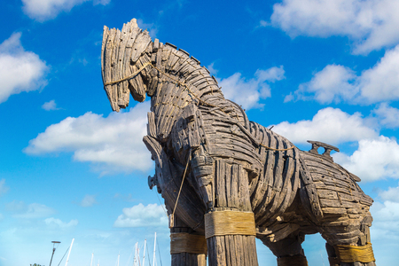 CANAKKALE, TURKEY - JULY 21, 2017: Trojan horse in Canakkale in a beautiful summer day, Turkey. This horse was uesd in movie "Troy"のeditorial素材
