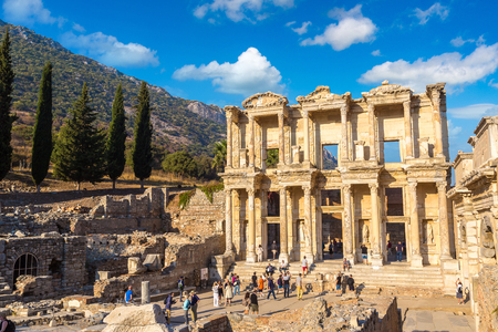 EPHESUS, TURKEY - JULY 28, 2017: Ruins of Celsius Library in ancient city Ephesus, Turkey in a beautiful summer dayのeditorial素材