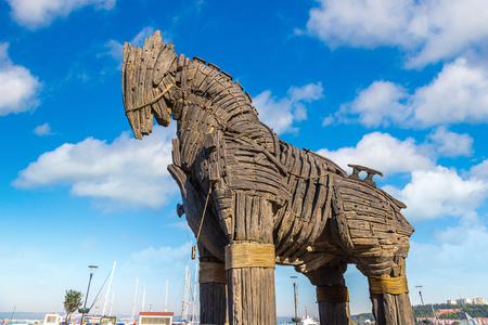 CANAKKALE, TURKEY - JULY 21, 2017: Trojan horse in Canakkale in a beautiful summer day, Turkey. This horse was uesd in movie "Troy"のeditorial素材