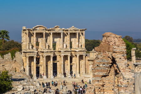 EPHESUS, TURKEY - JULY 28, 2017: Ruins of Celsius Library in ancient city Ephesus, Turkey in a beautiful summer dayのeditorial素材