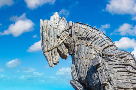 CANAKKALE, TURKEY - JULY 21, 2017: Trojan horse in Canakkale in a beautiful summer day, Turkey. This...