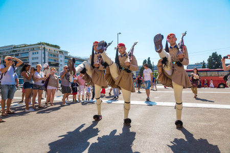 ATHENS, GREECE - JULY 19, 2017: Ceremonial changing guards in Athens, Greece in a summer day