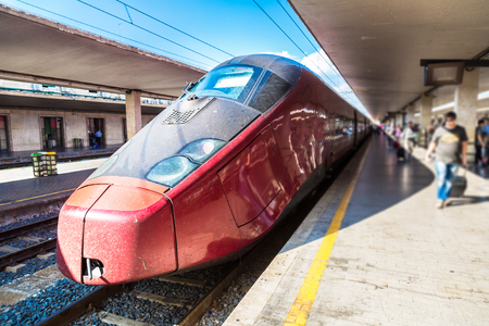 Modern train at a Florence train station Santa Maria Novella in Italyのeditorial素材