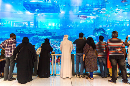 DUBAI, UAE - JUNE 26, 2018: Aquarium in Dubai Mall - world's largest shopping mall in Dubai, United...