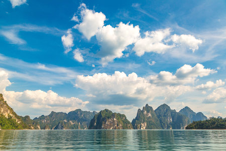 Beautiful nature at Cheow Lan lake, Ratchaprapha Dam, Khao Sok National Park in Thailand in a summer...