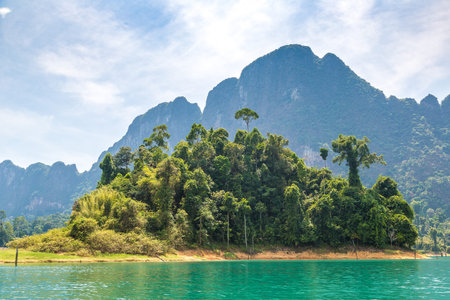 Beautiful nature at Cheow Lan lake, Ratchaprapha Dam, Khao Sok National Park in Thailand in a summer...