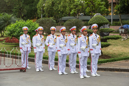 HANOI, VIETNAM - JUNE 7, 2018: Changing guards at Ho Chi Minh mausoleum in Hanoi, Vietnam in a...