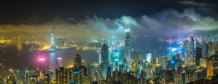 Panorama of Hong Kong business district in a summer nightのeditorial素材
