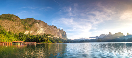 Panorama of Beautiful nature at Cheow Lan lake, Ratchaprapha Dam, Khao Sok National Park in Thailand...