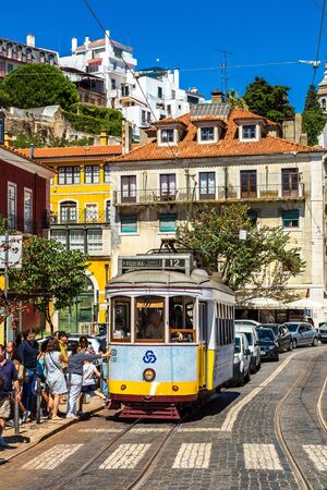 LISBON, PORTUGAL - JULY 30, 2014:  Vintage tram in the city center of Lisbon  on July 30 2014 in Lisbon, Portugalのeditorial素材