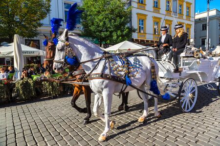 KRAKOW, POLAND - JUNE 16, 2014:  Horse carriages at main square in Krakow in a summer day, Poland on June 16, 2014のeditorial素材