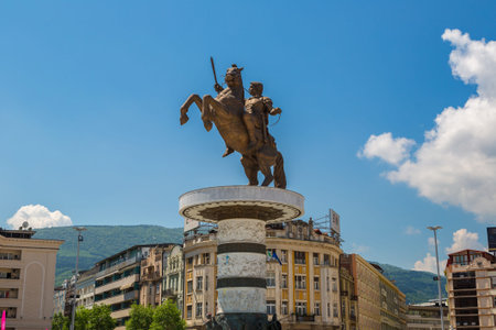 SKOPJE, MACEDONIA - JUNE 19, 2016: Alexander the Great Monument in Skopje in a beautiful summer day, Macedoniaのeditorial素材