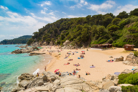 LLORET DE MAR, SPAIN - JUNE 26, 2016: Beaches in Lloret de Mar in a beautiful summer day, Costa Brava, Catalonia, Spainのeditorial素材