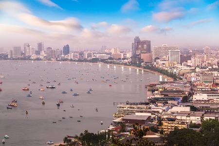 Panoramic aerial view of Pattaya Gulf, Thailand in a summer eveningの写真素材