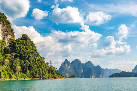 Beautiful nature at Cheow Lan lake, Ratchaprapha Dam, Khao Sok National Park in Thailand in a summer...