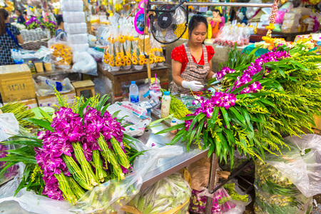 BANGKOK, THAILAND - MARCH 22, 2018: Flower market in Chinatown in Bangkok, Thailand in a summer dayのeditorial素材