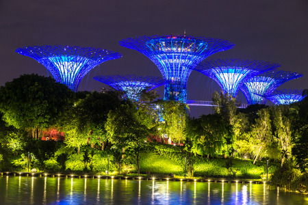 SINGAPORE - JUNE 23, 2018: The Supertree Grove at Gardens by the Bay in Singapore near Marina Bay Sands hotel at summer nightのeditorial素材