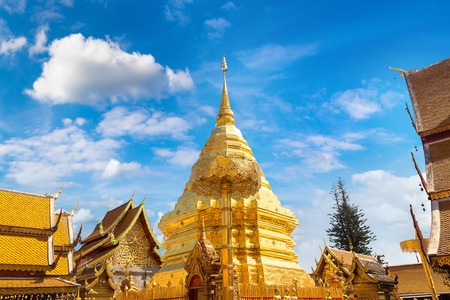 Golden pagoda Wat Phra That Doi Suthep in Chiang Mai, Thailand in a summer dayの写真素材