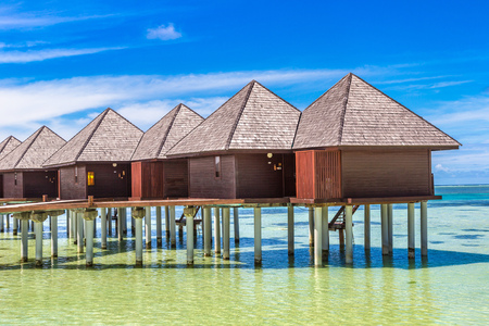 MALDIVES - JUNE 24, 2018: Water Villas (Bungalows) at Tropical beach in the Maldives at summer dayのeditorial素材