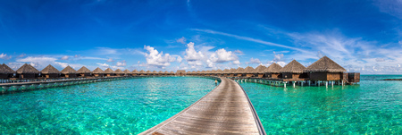 Panorama of Water Villas (Bungalows) at Tropical beach in the Maldives at summer dayのeditorial素材