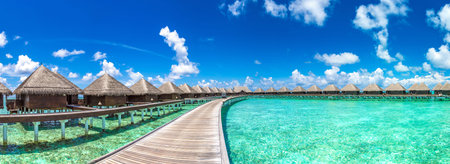 Panorama of Water Villas (Bungalows) at Tropical beach in the Maldives at summer dayのeditorial素材