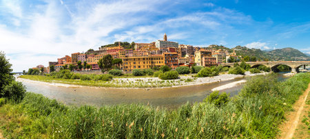 Panorama of Colorful houses in old town of Ventimiglia in a beautiful summer day, Italyの写真素材