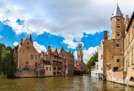 BRUGES, BELGIUM - JUNE 14, 2016: Panorama of canal in Bruges in a beautiful summer day, Belgium on June 14, 2016のeditorial素材