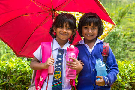 Two schoolgrils  at theTea plantations in Nuwara Eliya, Sri Lankaのeditorial素材