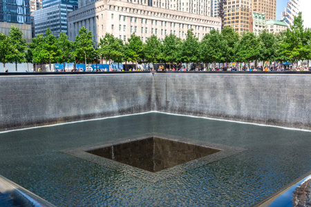 NEW YORK CITY, USA - MARCH 29, 2020: 9/11 Memorial park in New York City, NY, USA