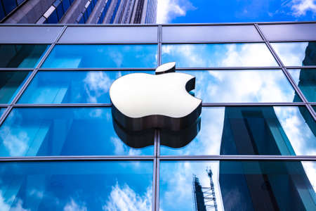NEW YORK CITY, USA - MARCH 15, 2020: Apple store logo at Apple Fifth Avenue in New York City, NY, USAのeditorial素材