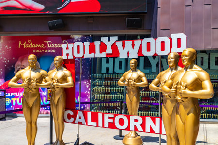 LOS ANGELES, HOLLYWOOD, USA - MARCH 29, 2020: Oscar statues at Walk of Fame in Hollywood, Los Angeles, California, USAのeditorial素材