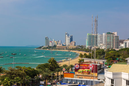 PATTAYA, THAILAND - MARCH 29, 2020: Panoramic aerial view of Pattaya Gulf, Thailand in a summer dayのeditorial素材