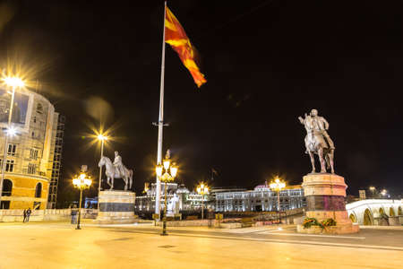 SKOPJE, MACEDONIA - JUNE 19, 2016: Main square in Skopje in a beautiful summer night, Macedoniaのeditorial素材
