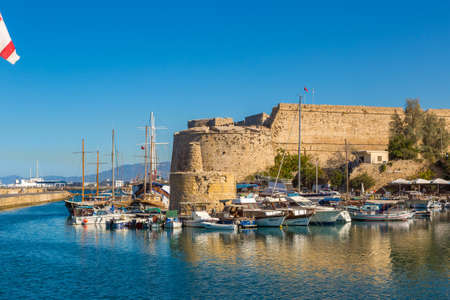 KYRENIA, NORTH CYPRUS - JULY 26, 2017: Kyrenia Castle and historic harbour in Kyrenia (Girne), North Cyprus in a beautiful summer dayのeditorial素材