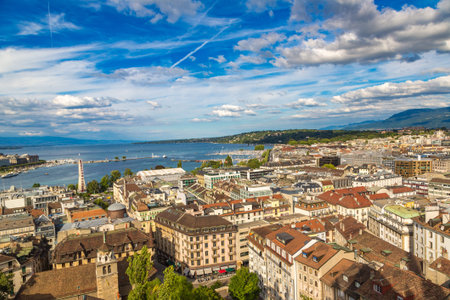 GENEVA, SWITZERLAND - JULY 25, 2017: Panoramic aerial view of Geneva in a beautiful summer day,...