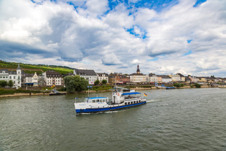 GERMANY - JUNE 16, 2016: River Rhine and Ruedesheim am Rhein is a winemaking town in a beautiful...