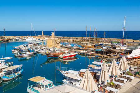 KYRENIA, NORTH CYPRUS - JULY 26, 2017: Panoramic aerial view of historic harbour in Kyrenia (Girne), North Cyprus in a beautiful summer dayのeditorial素材