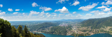 Panoramic aerial view of lake Como in Italy in a beautiful summer day