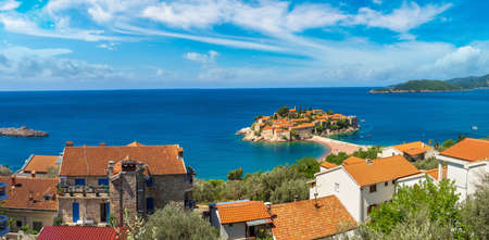 Panorama of Sveti Stefan island in Budva in a beautiful summer day, Montenegroのeditorial素材