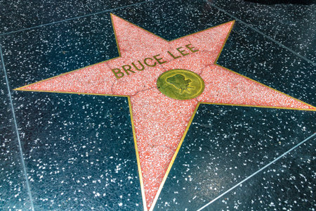 LOS ANGELES, HOLLYWOOD, USA - MARCH 29, 2020: Bruce Lee star on Hollywood Walk of Fame in Los...