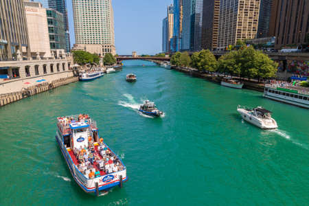 CHICAGO, USA - MARCH 29, 2020: Sightseeing cruise at Chicago river in Chicago, Illinois, USAのeditorial素材