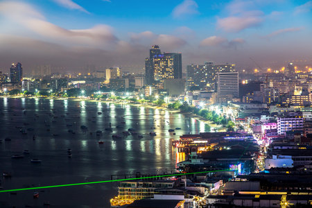 Panoramic aerial view of Pattaya Gulf, Thailand in a summer eveningの写真素材