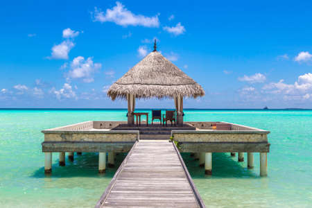 Water Villas (Bungalows) and wooden bridge at Tropical beach in the Maldives at summer dayのeditorial素材