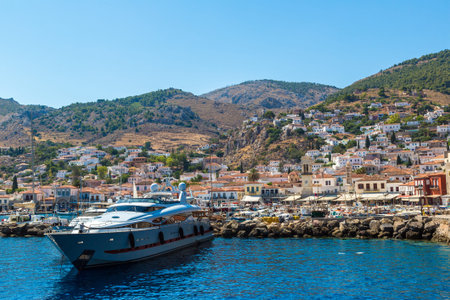 HYDRA, GREECE - JULY 19, 2015:  Luxury yacht at Hydra island in a summer day in Greece